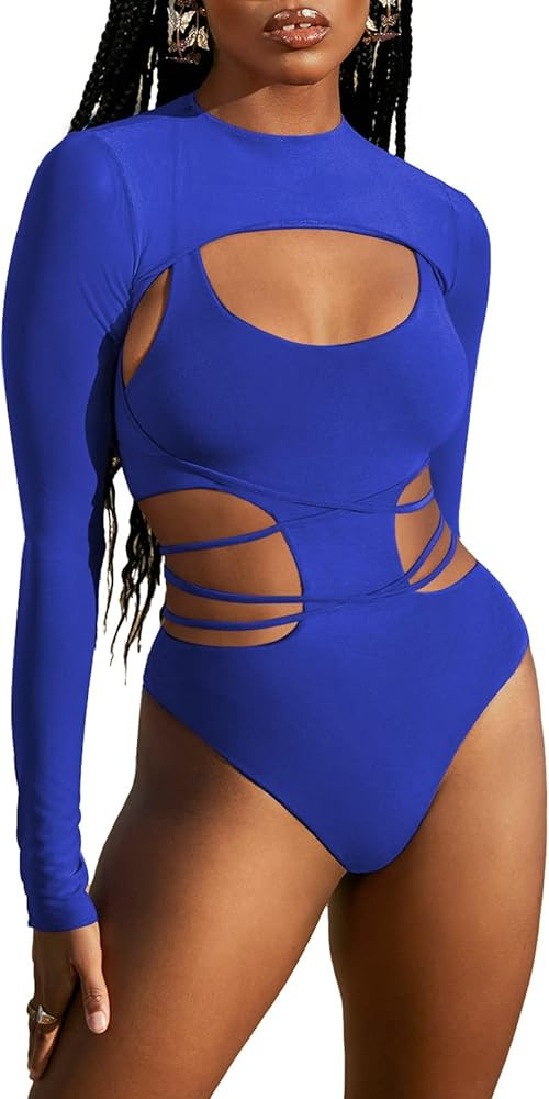 Kisscynest Women's Sexy Cutout One Piece Swimsuit Monokini with Long Sleeve Coverup Shirt | Amazon (US)
