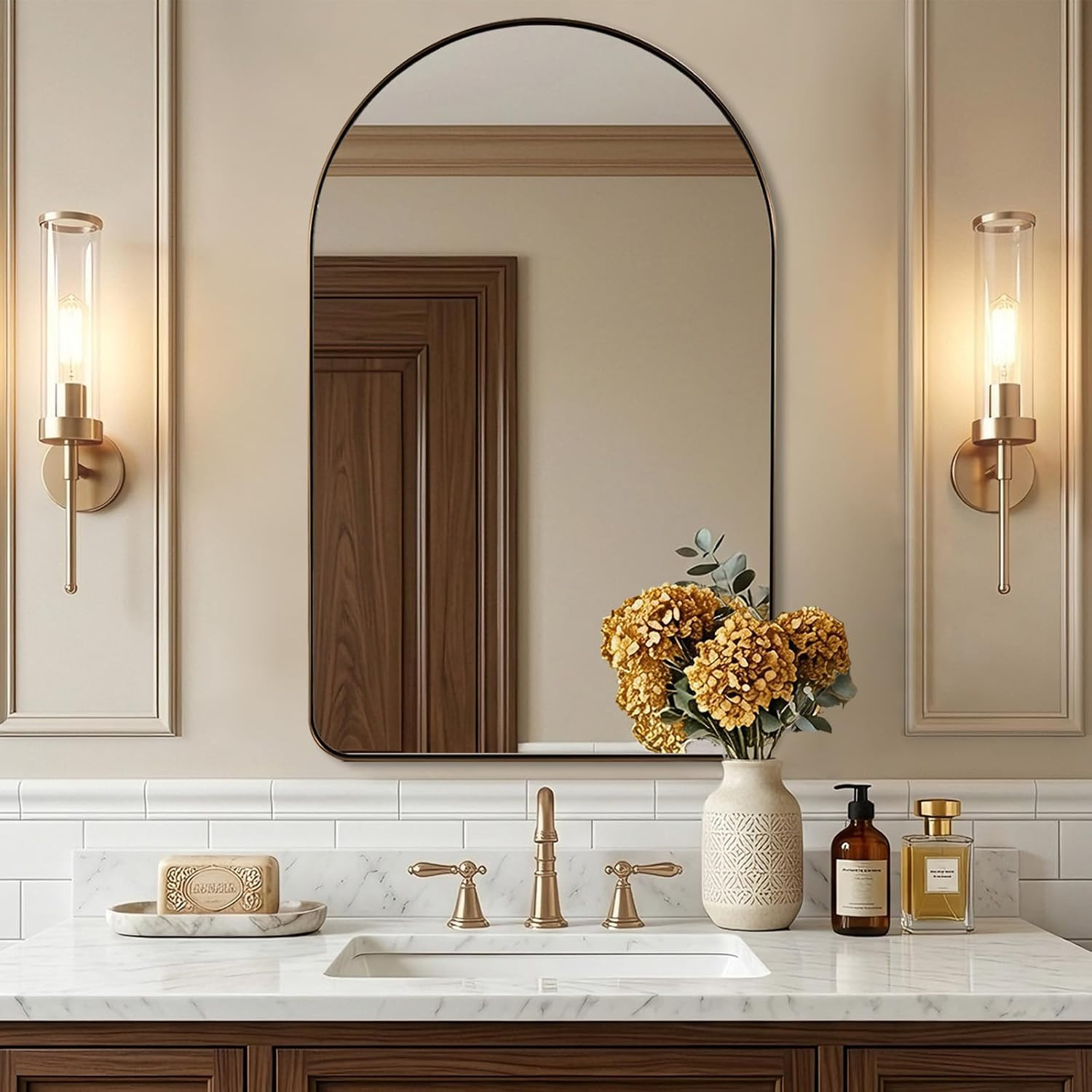 24x38 Inch Brushed Champagne Bronze Arched Bathroom Mirror | Amazon (US)