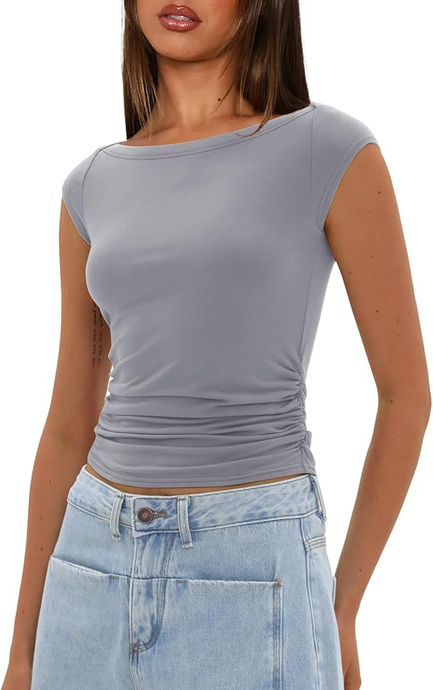 Darong Women's Summer Boat Neck Tops Trendy Casual Cap Sleeve Slim Fitted Modal Basic Tee Shirts | Amazon (US)