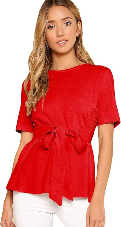 Women's Casual Self Tie Summer Round Neck Short Sleeve Blouse Tops | Amazon (US)