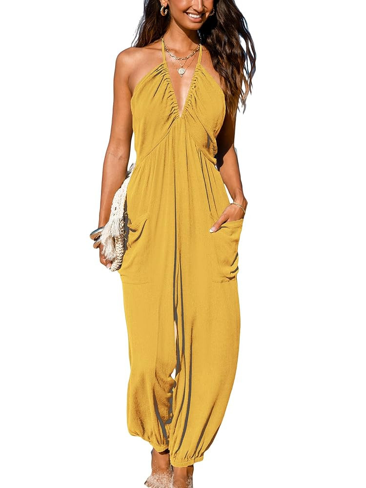 CUPSHE Women's Plunge Halter Sleeveless Pleated Long Romper Knit Jogger Maxi Jumpsuit with Pocket... | Amazon (US)