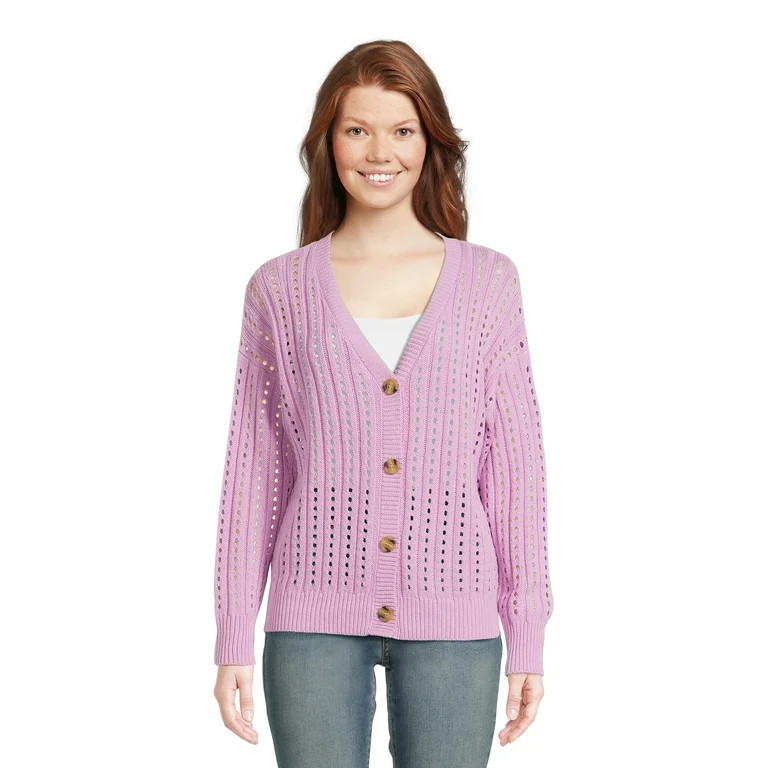 Time and Tru Women's Pointelle Boyfriend Cardigan - Walmart.com | Walmart (US)