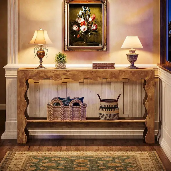 63 Inches Long Farmhouse Sofa Console Table with Scalloped Curves - 63"L*11.81"W*33.46"H - Light ... | Bed Bath & Beyond