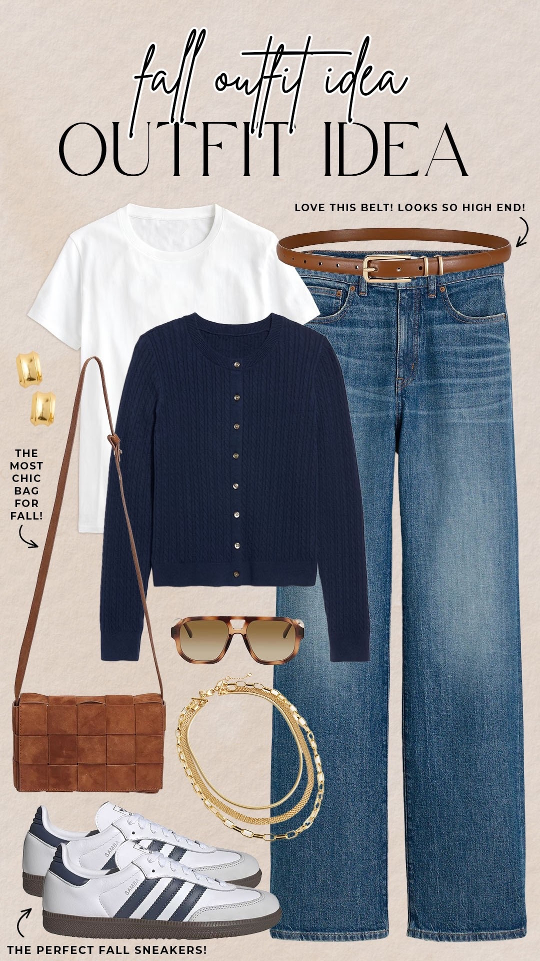 Elevated casual fall outfit idea! 

#fallstyle

Fall style. Elevated casual chic fall outfit. Navy neutral fall style. Wide leg straight jeans. Cognac designer style belt. Navy chic cardigan. Basic white tee. Cognac woven suede handbag. Layered gold necklace. Versatile chic fall outfit  

#LTKFindsUnder100 #LTKSeasonal #LTKStyleTip