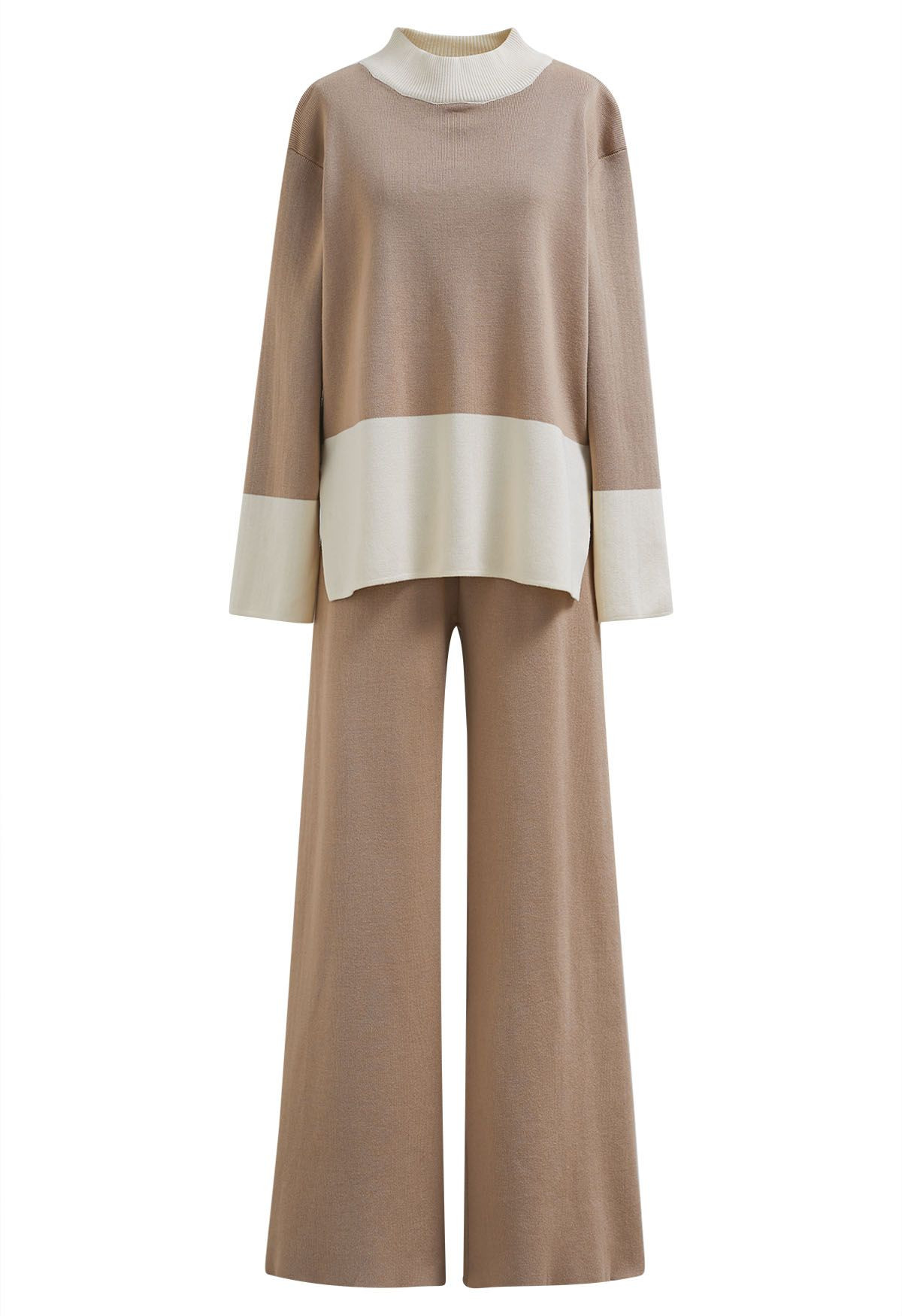 Color Block Mock Neck Knit Sweater and Pants Set in Light Tan | Chicwish