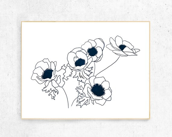 Minimalist Modern Navy Blue Anemone Printable Line Art, Minimalist Modern print, Simple art, Flow... | Etsy (US)