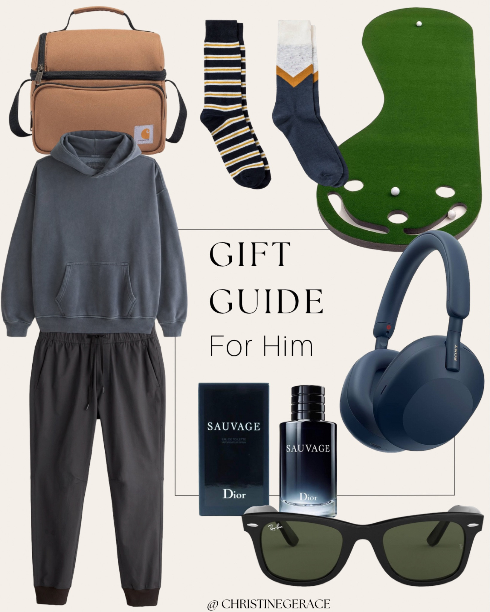 For Him Gift Guide 
Dior Sauvage cologne 
Abercrombie popover hoodie 
Abercrombie Joggers
Striped novelty socks 
Sony headphones 
Cathartic compartment bag
Indoor golf putting green 
Ray ban Sunglassed 

#LTKGiftGuide #LTKCyberWeek #LTKHoliday