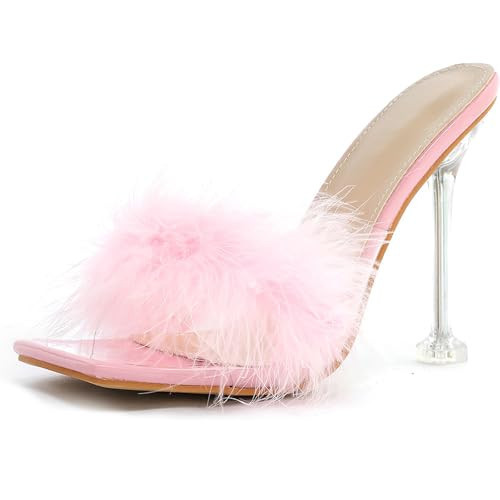 Women's Clear Furry 4.13IN Ultra High Heel Slides Fashion Square Open Toe Transparent Crystal Stiletto Slip On Sandals with Fluffy Feather for Summer Daily Party Wedding Bridal Dress Shoes (Pink,5) | Amazon (US)