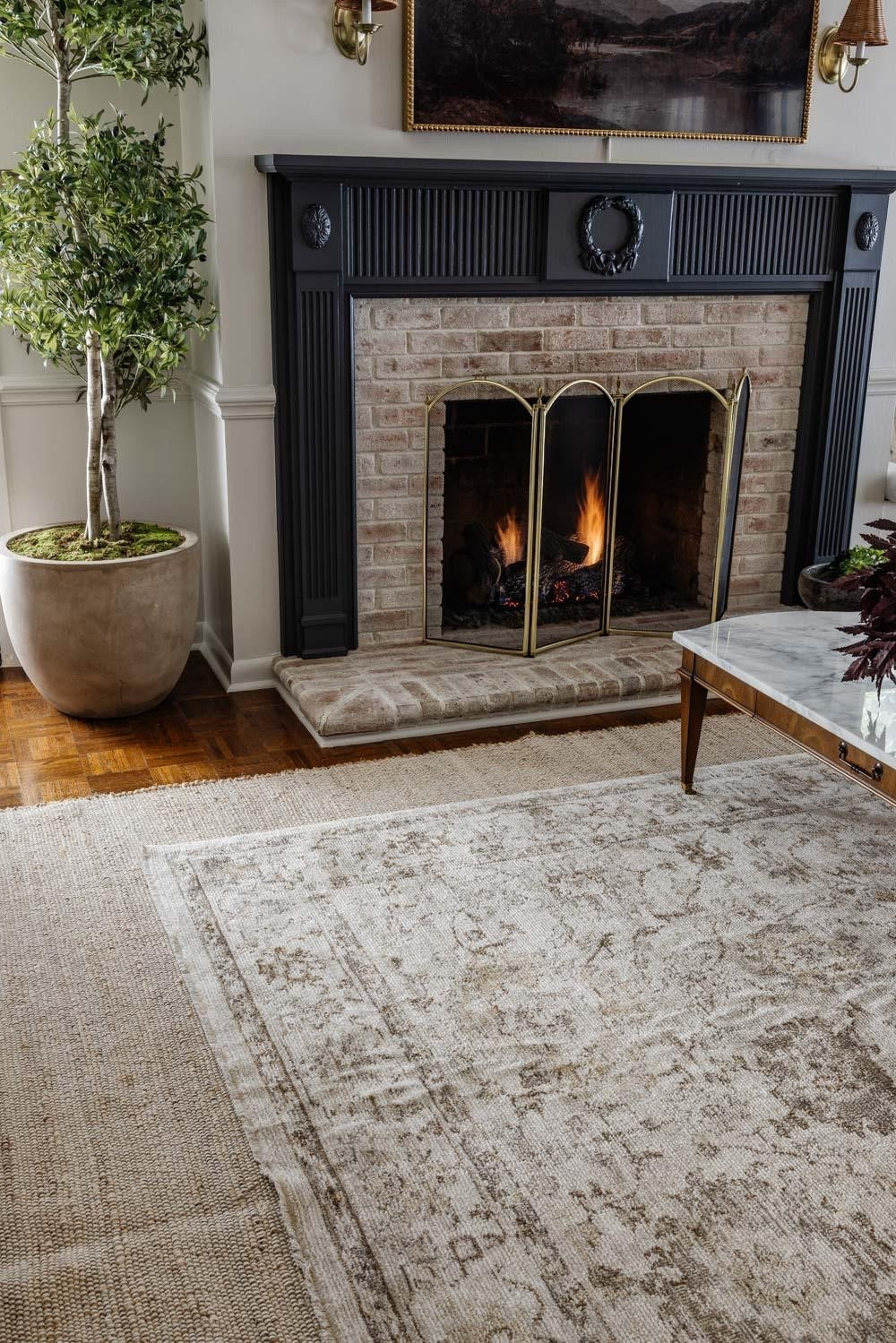 Layered rugs we recommend! 

#LivingroomRug ￼#Fireplace #FakeTree #FauxTree #LayeredRugs #RugCombinations

#LTKHome