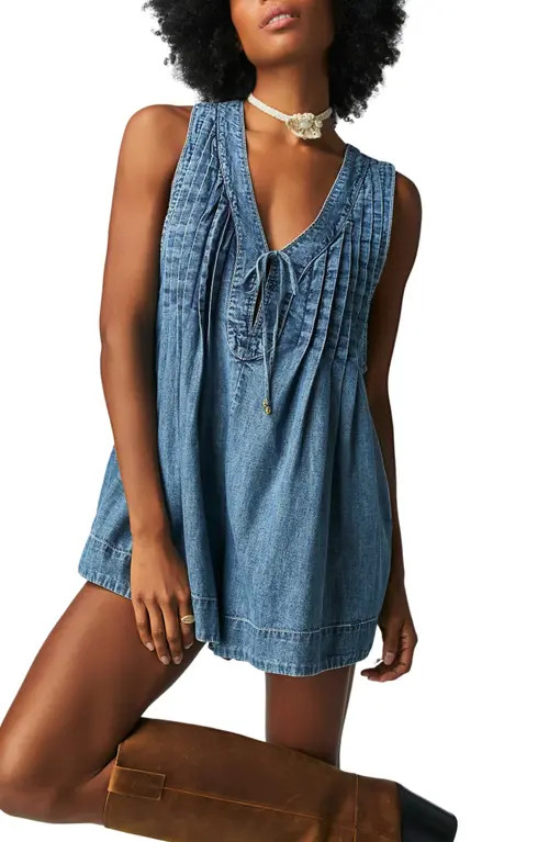 Free People Webster Denim Romper in Falling Rain Wash at Nordstrom, Size X-Large | Nordstrom