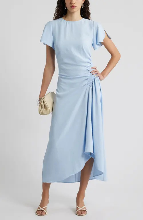Nordstrom Split Sleeve Side Smocked Midi Dress in Blue Floaty at Nordstrom, Size Xx-Large | Nordstrom