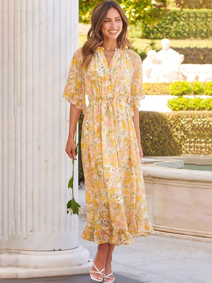 ANRABESS Women's Summer Ruffle Maxi Dress Floral Print 3/4 Bell Sleeve V Neck High Waist Flowy Boho  | Amazon (US)