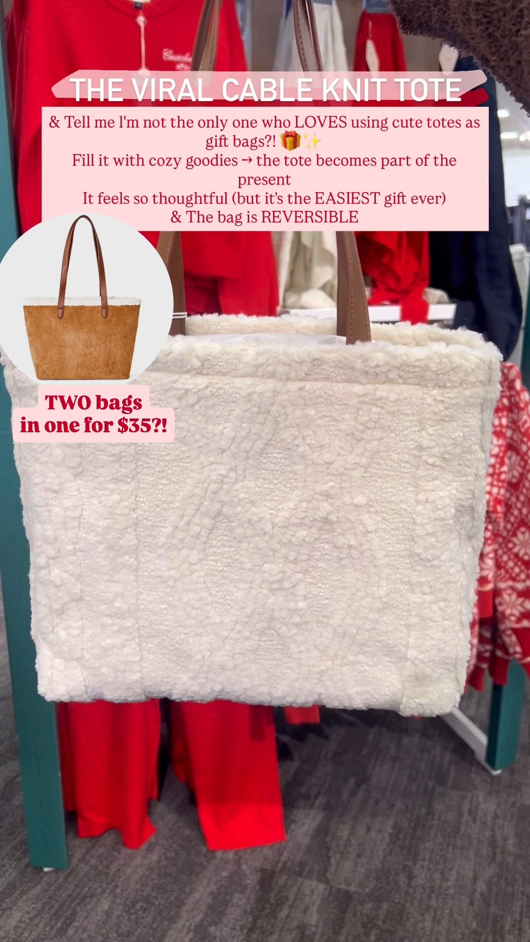 TWO bags in one for $35?! Reversible cable knit tote & it’d also make the perfect gift, fill with cozy goodies 

#LTKGiftGuide #LTKFindsUnder50 #LTKHoliday