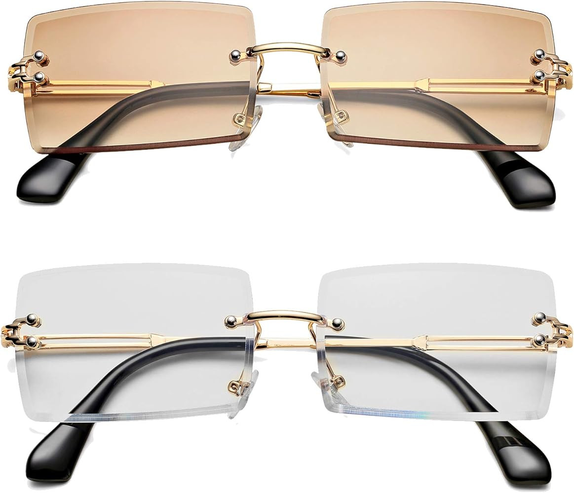 Rectangle Sunglasses for Men/Women Small Rimless Square Shade Eyewear | Amazon (US)