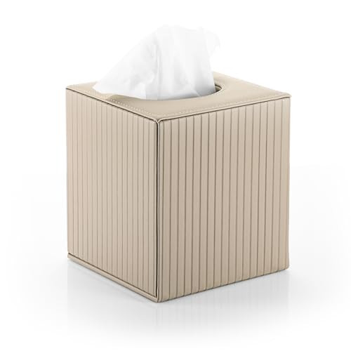 Kokone PU Leather Tissue Box Cover Square Tissue Holder Case, Beige Stripe Pattern Decorative Tissue Box Cover with Magnetic Closure Base, Modern Tissue Cube Dispenser for Home Bathroom Office | Amazon (US)