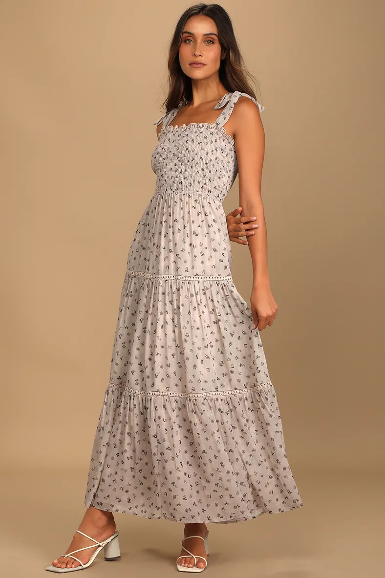 Blooming Perfection Taupe Floral Print Tie-Strap Smocked Dress | Lulus (US)