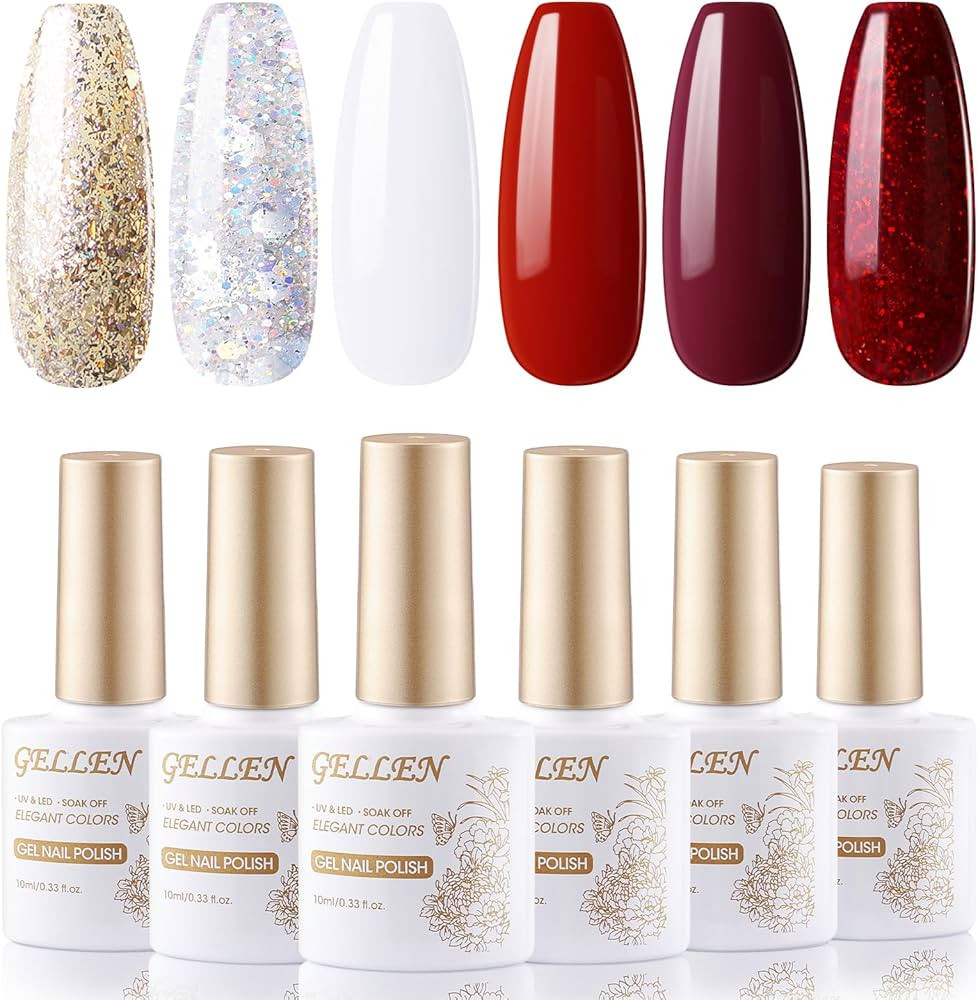 Gellen Gel Nail Polish Set, 6 Colors Classic Red White Gel Polish Set, Silver Gold Glitters Gel N... | Amazon (US)