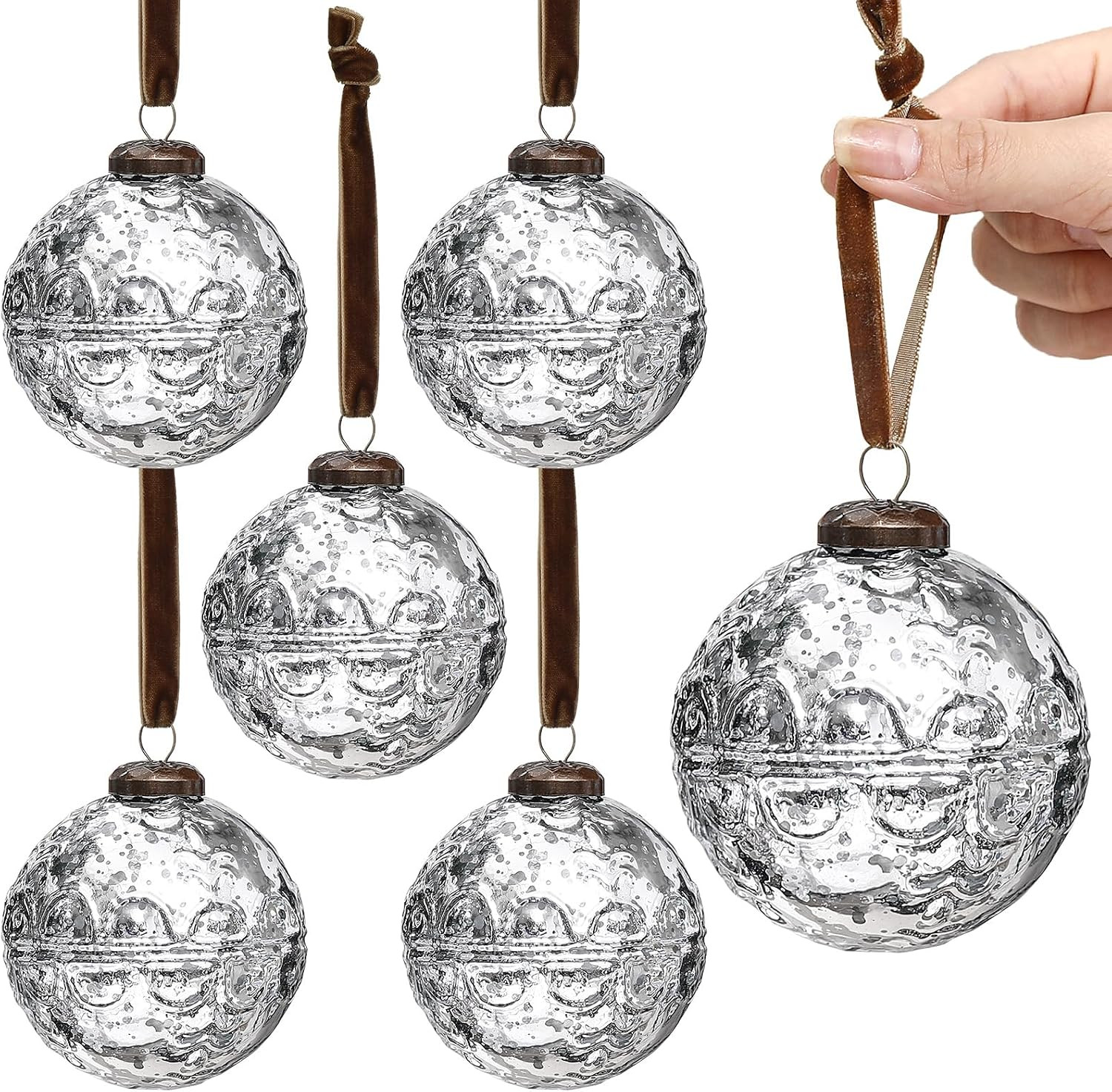Threan 6 Pcs Silver Mercury Glass Christmas Ornaments, Etched Ball Decor | Amazon (US)