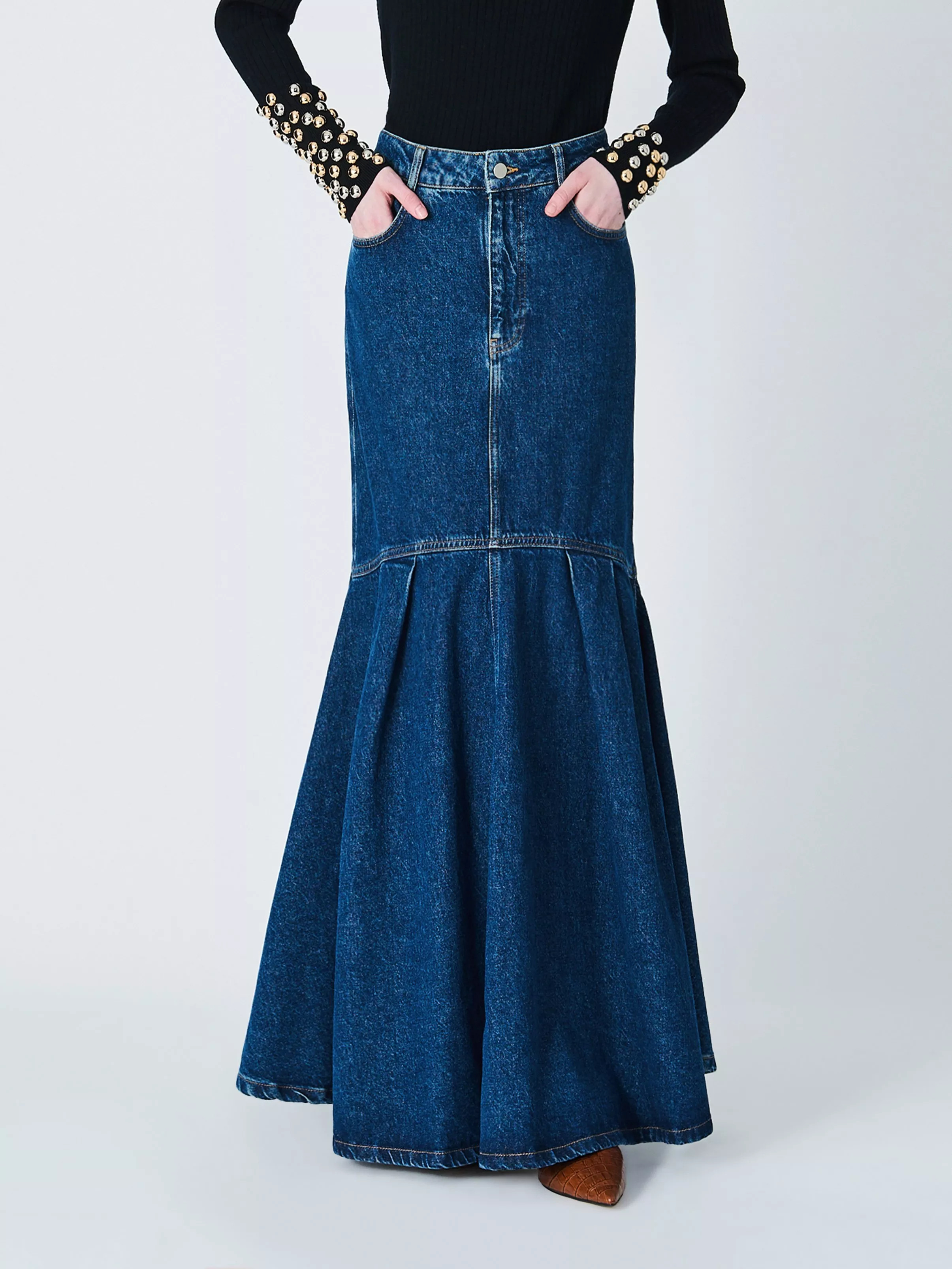 John Lewis x A.W.A.K.E. MODE Denim Maxi Skirt, Mid Blue Wash | John Lewis (UK)