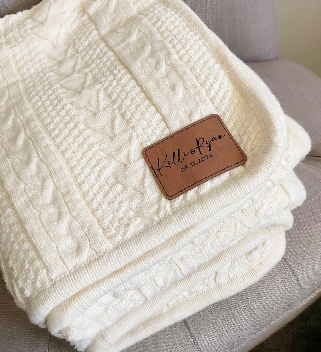 Custom Blanket, Personalized Cozy Cable Sherpa Blanket, Monogrammed Gift Blanket, Engraved Leathe... | Etsy (US)