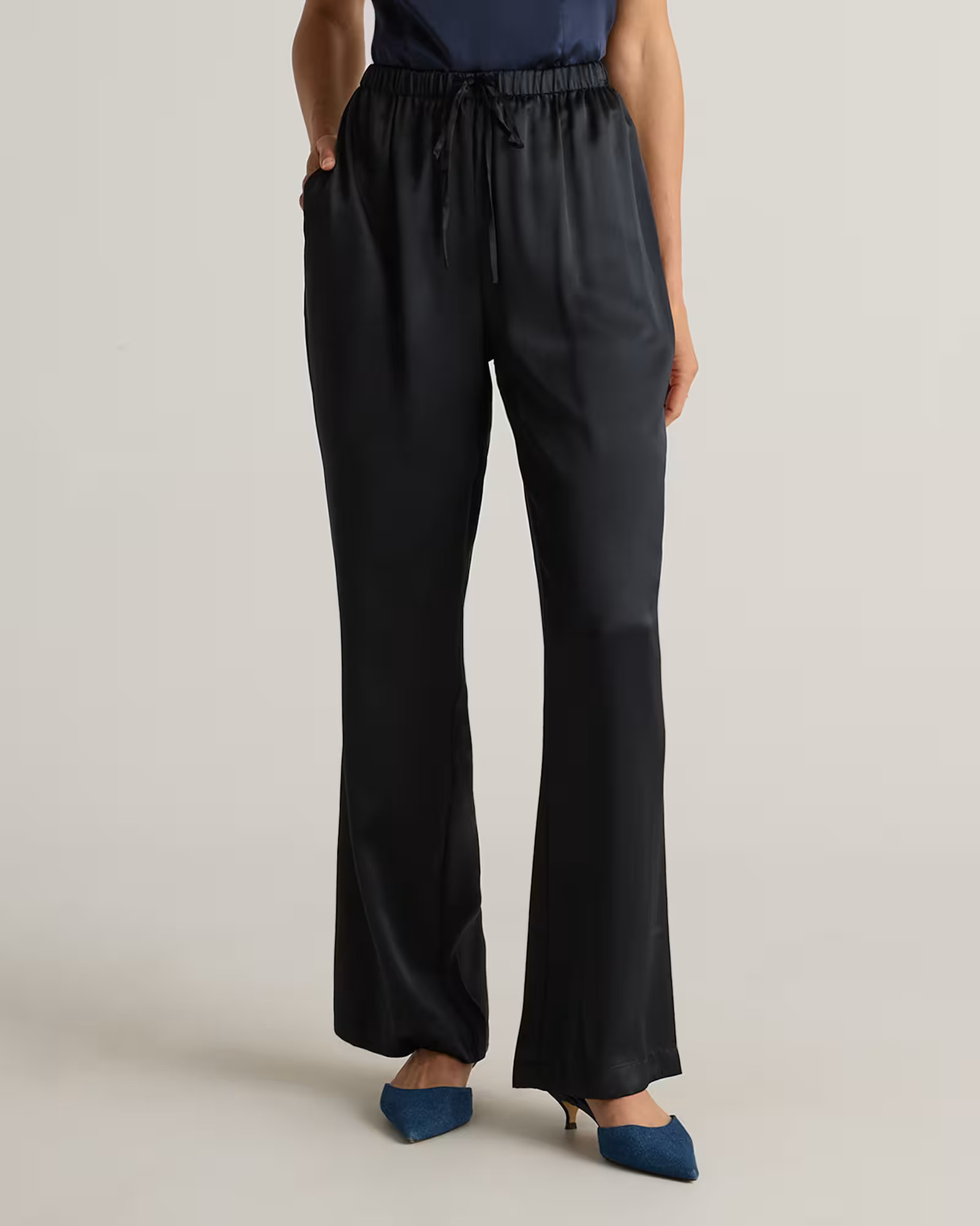 100% Washable Silk Drawstring Wide Leg Pants in Black | Quince