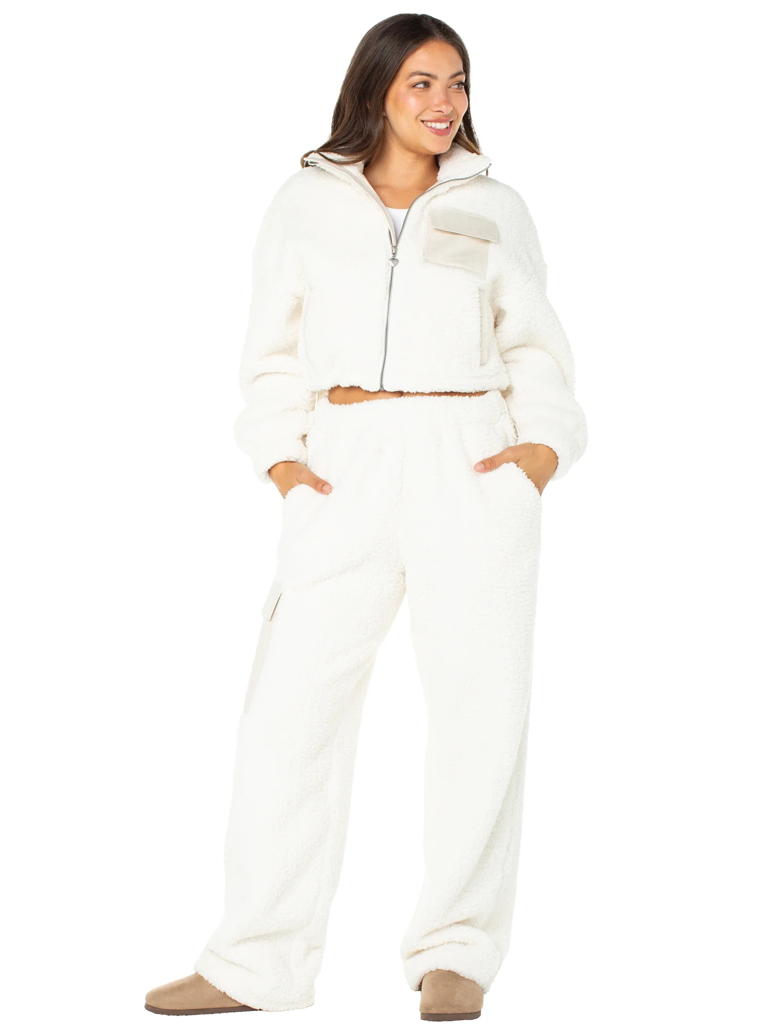 Celebrity Pink Women’s and Women’s Plus Teddy Fleece Jacket and Wide Leg Pants Set, 2-Piece, ... | Walmart (US)