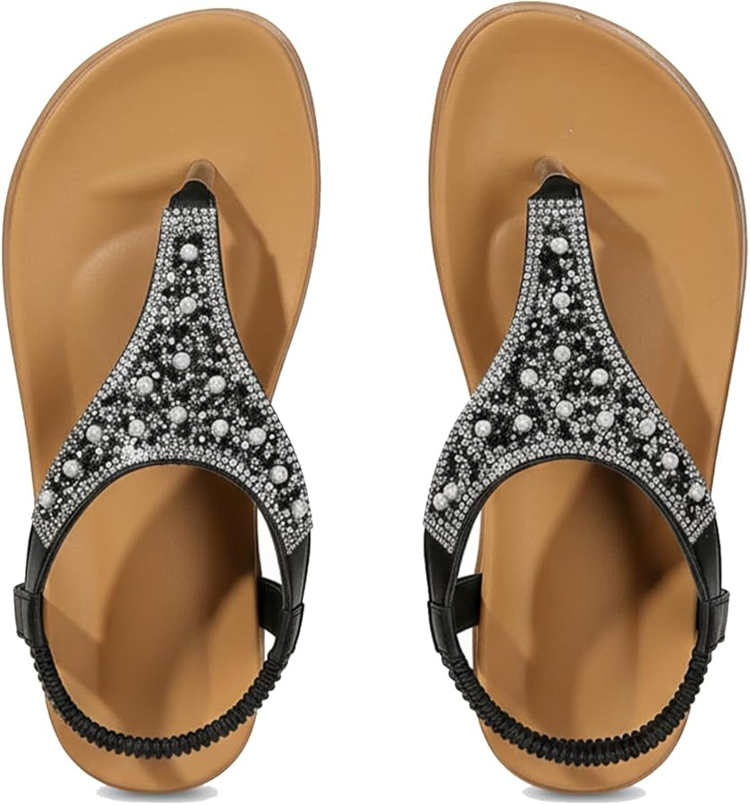 GORGLITTER Women's Rhinestone Flat Sandals Sparkly Thongs Open Toe Ankle Strap Comfortable Summer... | Amazon (US)