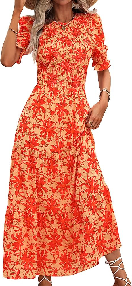 BTFBM Women Casual Summer Dresses 2026 Spring Crew Neck Ruffle Short Sleeve Smocked Floral Boho F... | Amazon (US)
