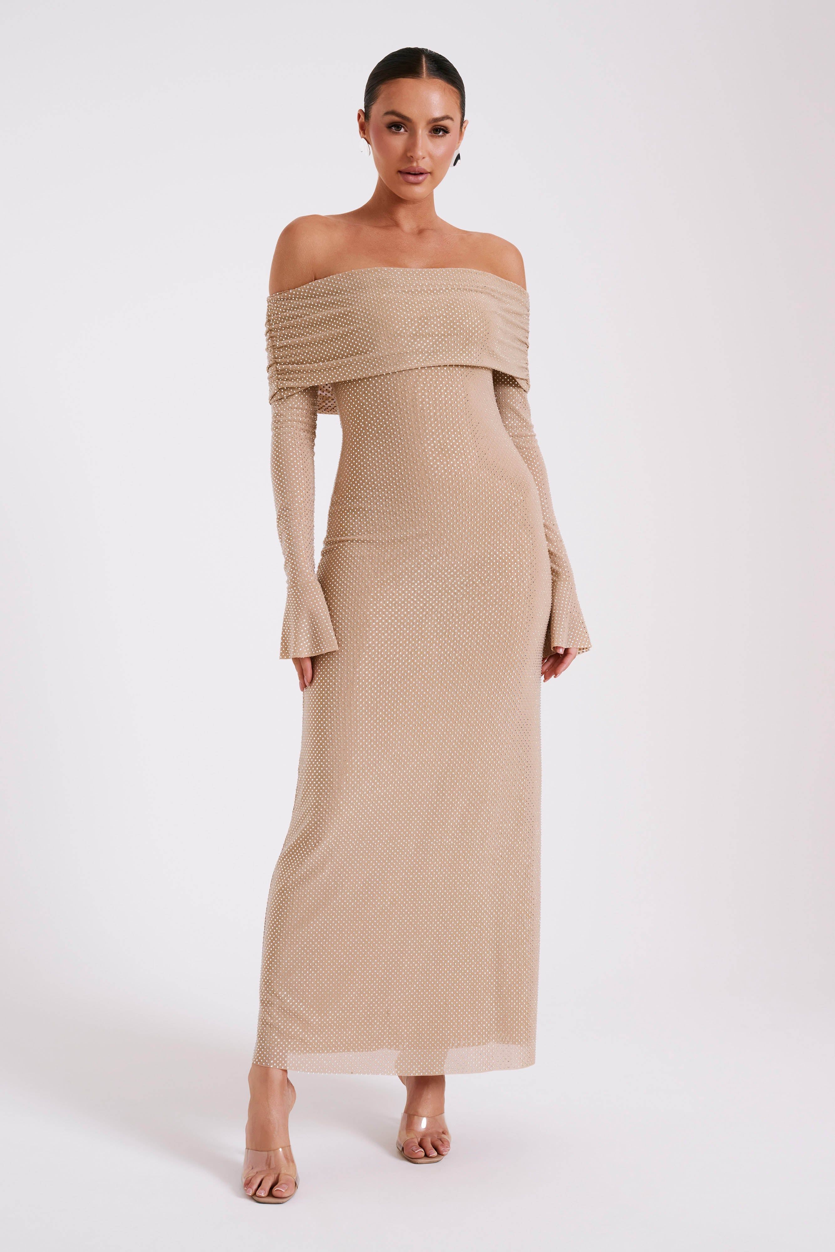 Marcel Off Shoulder Diamante Maxi Dress - Nude | MESHKI US