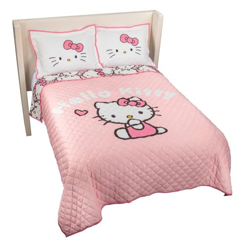 Jay Franco Hello Kitty Pink Stripes & Hearts Full/Queen Size Quilt & Sham Set - Super Soft Lightweight Bedspread Set | Amazon (US)