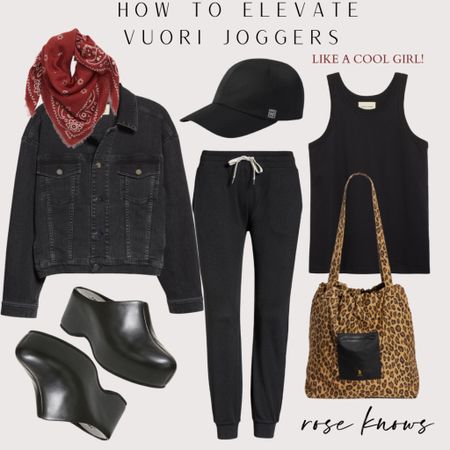 Cool girl style outfit featuring Vuori joggers!  Love this bandana scarf and leopard r13 tote. 

#LTKunder100 #LTKtravel #LTKunder50