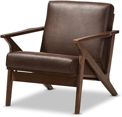 Baxton Studio Bianca Mid-Century Modern Walnut Wood Dark Brown Distressed Faux Leather Lounge Cha... | Amazon (US)