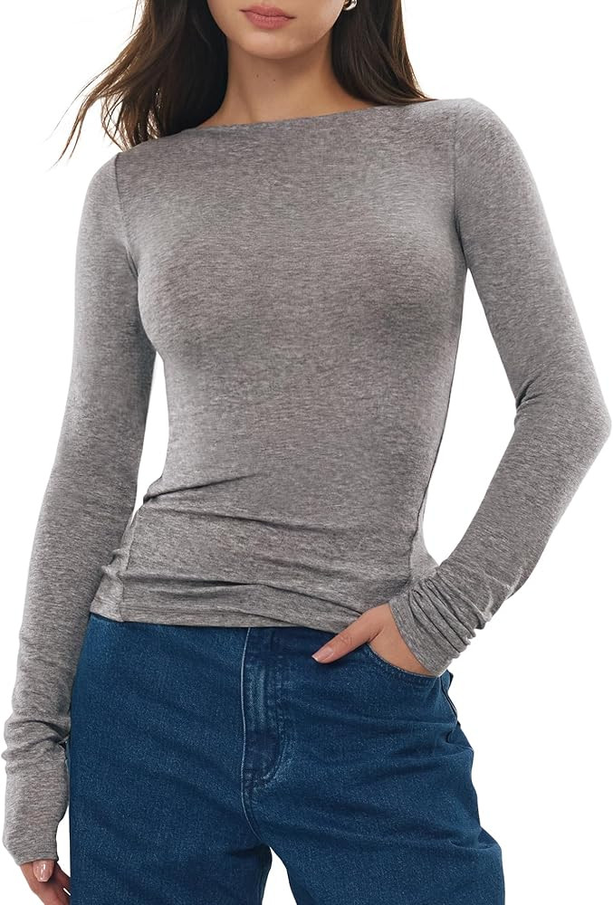Women's Merino Wool Blend Shirts Boat Neck Long Sleeve Tops Fitted Basic Tee Cozy Embrace Collect... | Amazon (US)