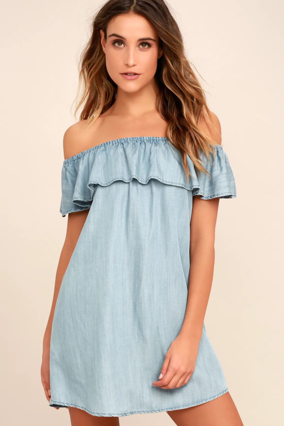Standout Style Light Blue Chambray Off-the-Shoulder Dress | Lulus (US)