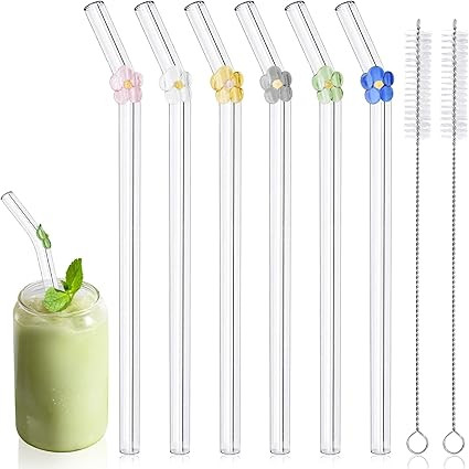 6 Pcs Glass Straws with Charms, 8.3''x10MM Cute Flower Glass Straws Shatter Resistant, Clear Reus... | Amazon (US)
