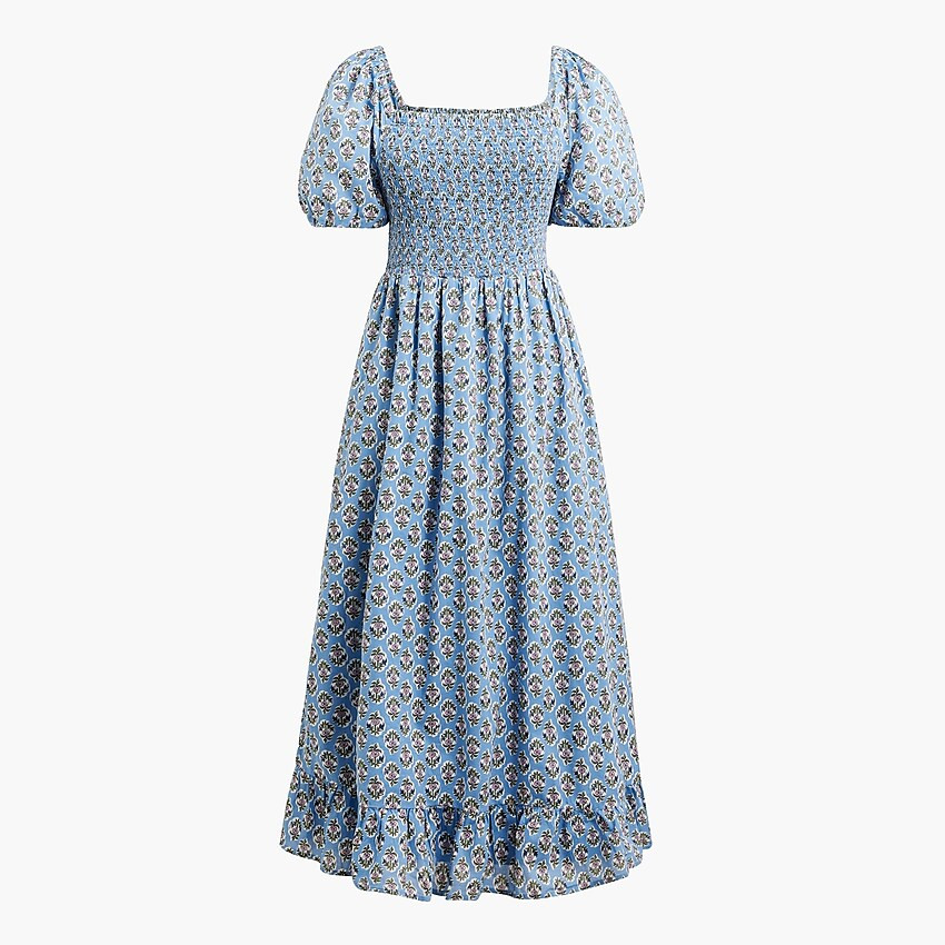 Block-print smocked midi dress with puff sleeves | J.Crew Factory