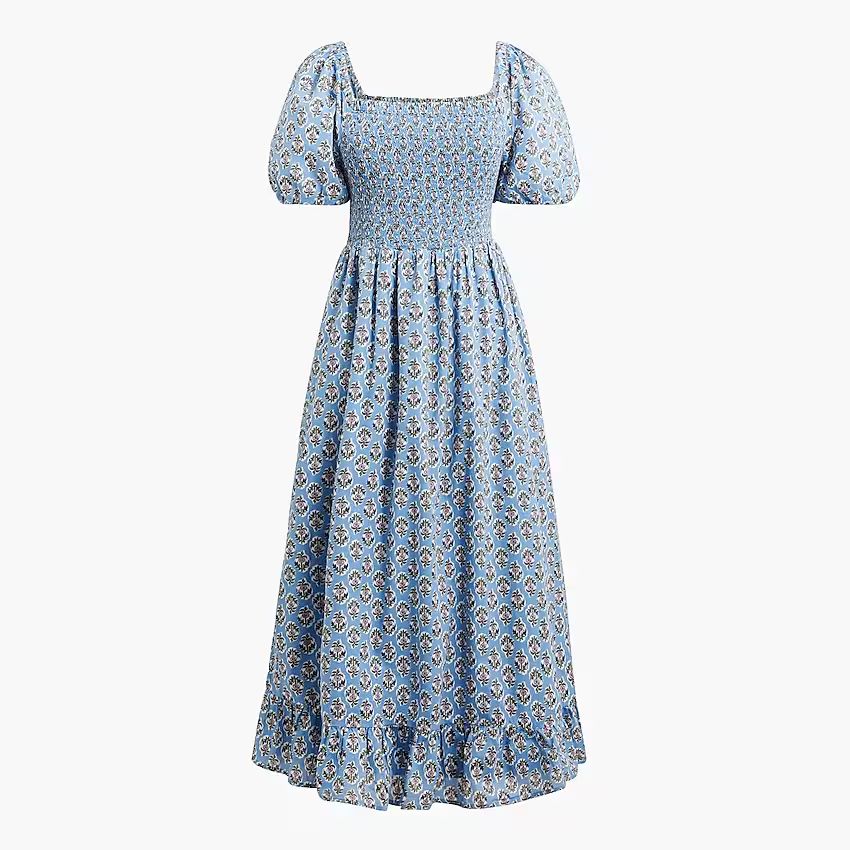 Block-print smocked midi dress with puff sleeves | J.Crew Factory