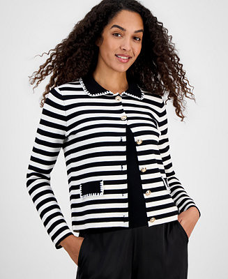 T Tahari Women's Striped Collared Button Cardigan Sweater - Macy's | Macy's
