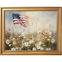 Framed Patriotic Flower American Flag Wall Art Canvas Print Vintage Floral Landscape Painting 4th of July Americana Decor USA Independence Day Artwork Picture for Living Room Office 12x16inch Gold | Amazon (US)