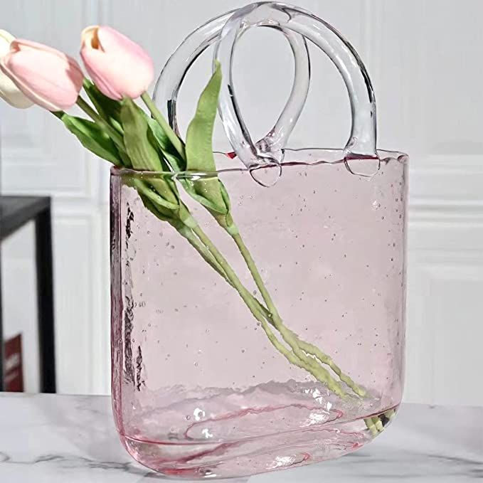 Hewego Glass Purse Vases for Flowers,Hand Blown Pink Vase with Bubbles in It,Pink Flower Vases wi... | Amazon (US)