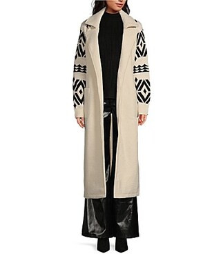 Every Geometric Wool Blend Notch Lapel Long Sleeve Button Front Tie Waist Longline Double Breasted Blazer Coat - XS | Dillard's