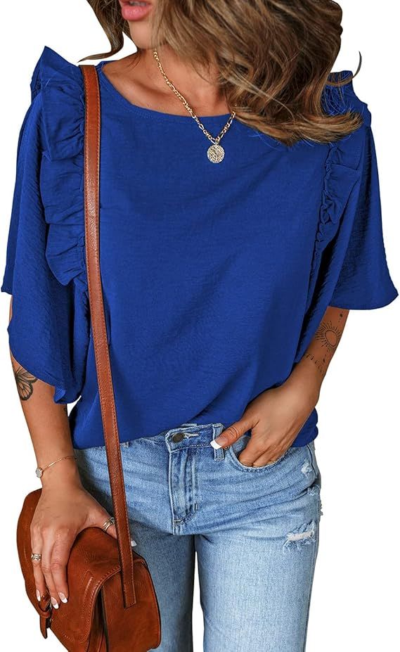 luvamia Women Casual Tops Ruffle Bell Sleeve Crewneck Loose Summer Blouse Shirts | Amazon (US)