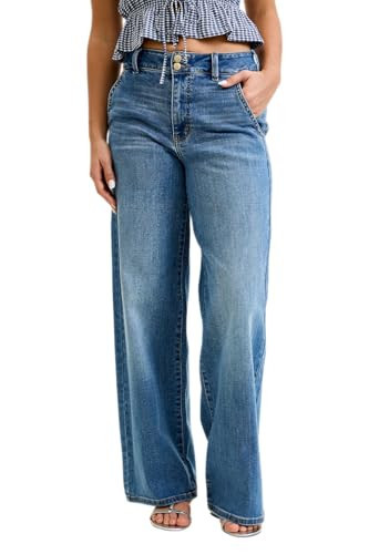Judy Blue Womens Jeans - High Waisted Column with Trouser Styling (Multiple Inseam Options) (13/31-Short, Medium Blue) | Amazon (US)