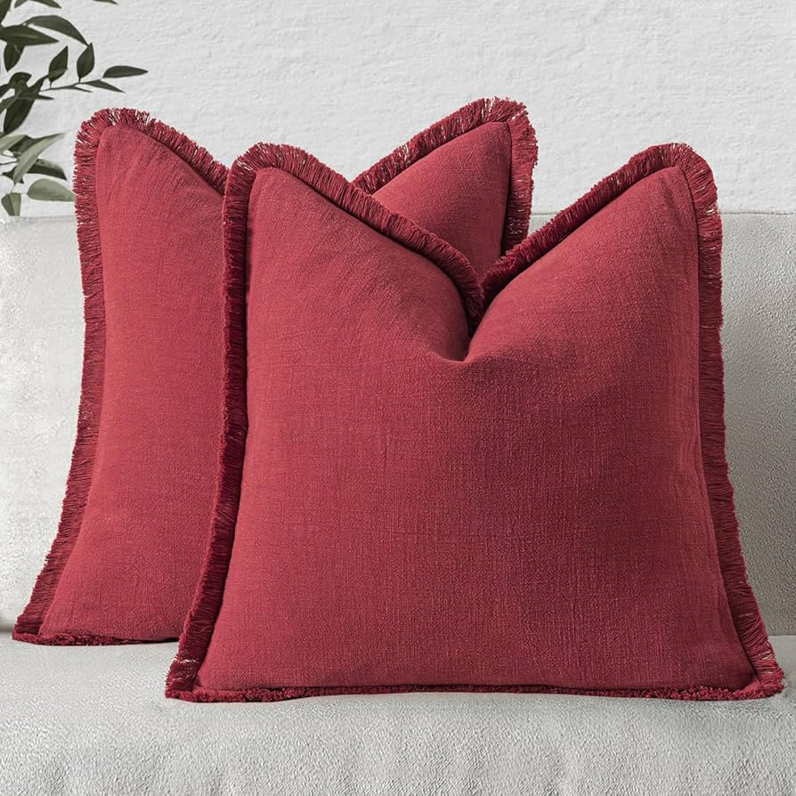 MIULEE Decorative Throw Pillow Covers Neutral Linen Fringe Throw Pillows Set of 2 Burgundy Boho F... | Amazon (US)
