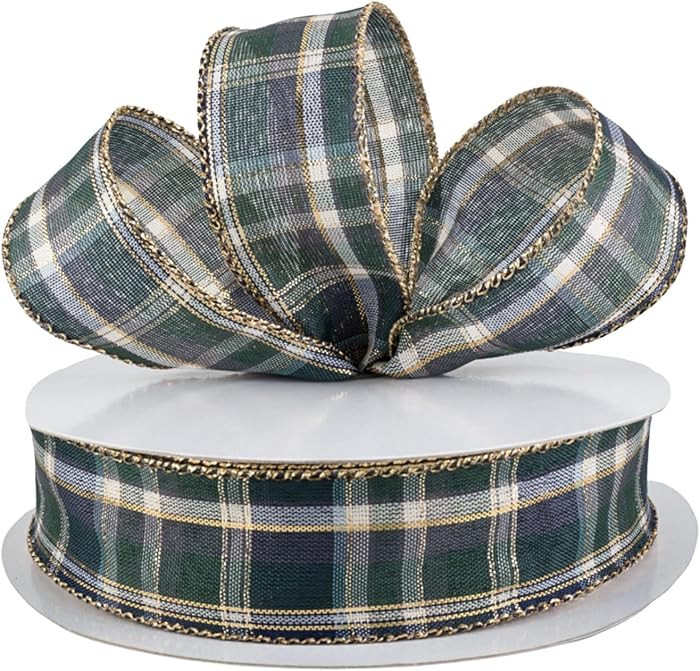 Blue and Green Plaid Metallic Fabric Wired Ribbon, 1.5 Inch Wired Holiday Ribbon, Holiday Plaid G... | Amazon (US)
