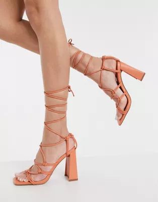 ASOS DESIGN Nilo knotted tie leg heeled sandals in apricot | ASOS | ASOS (Global)