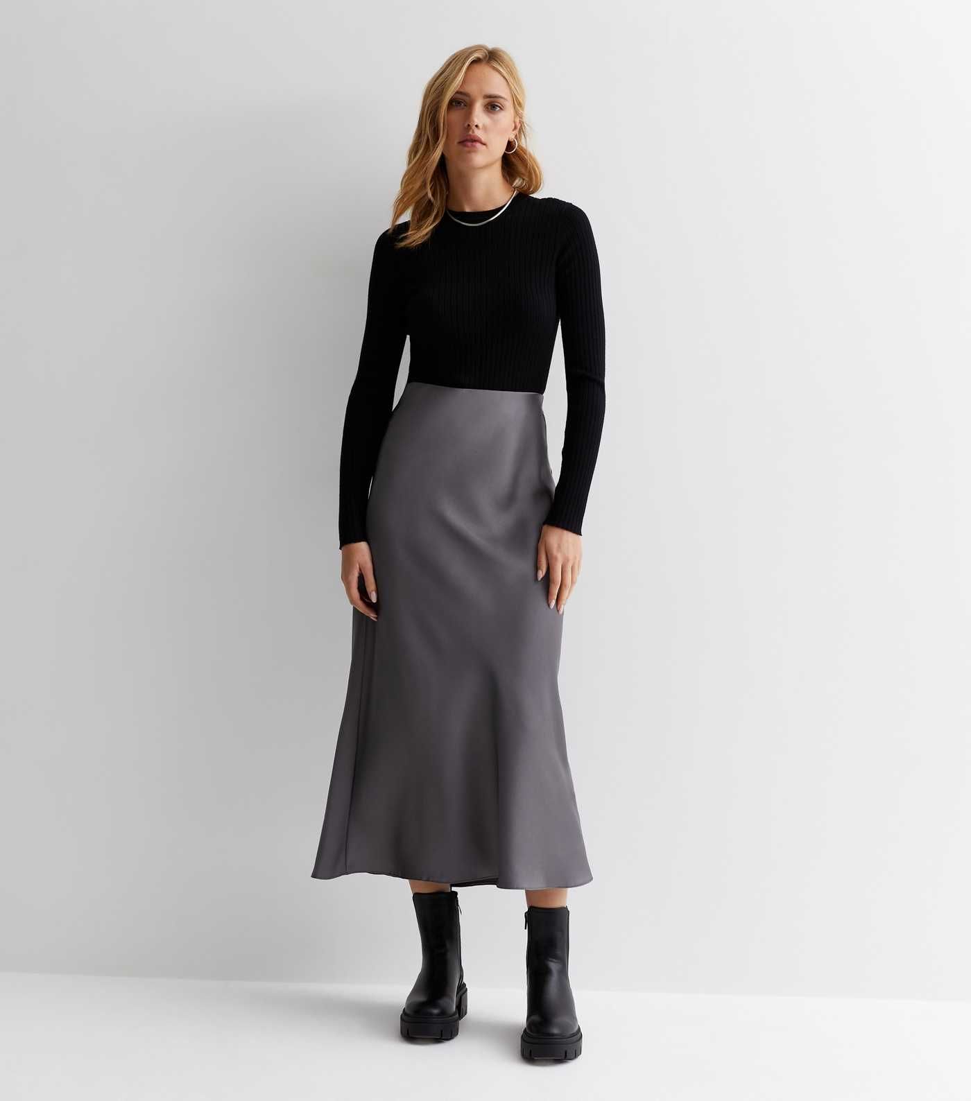 Dark Grey Shine Satin Bias Cut Midaxi Skirt | New Look | New Look (UK)