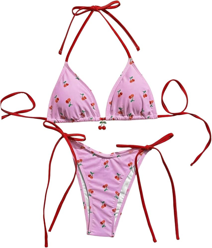 WDIRARA Women's 2 Piece Swimsuit Cherry Print Bikini Set Halter Triangle Bikini Side Tie String B... | Amazon (US)