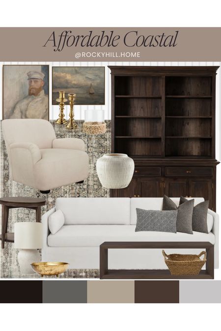 Affordable Moody Coastal Living Room, budget living room furniture, printable art, Walmart chair, amber Lewis loloi rug, affordable lamp, dark wood shelves, bookcase with cabinet storage 

#LTKhome #LTKstyletip #LTKfindsunder50