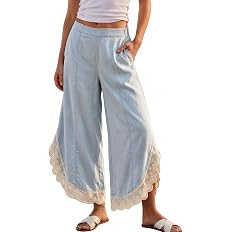 Hooever Women's Lace Trim Cotton Wide Leg Pants High Waist Palazzo Trouser | Scalloped lace hem w... | Amazon (US)